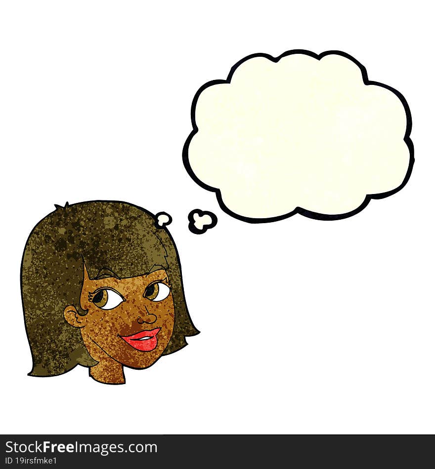 cartoon happy female face with thought bubble