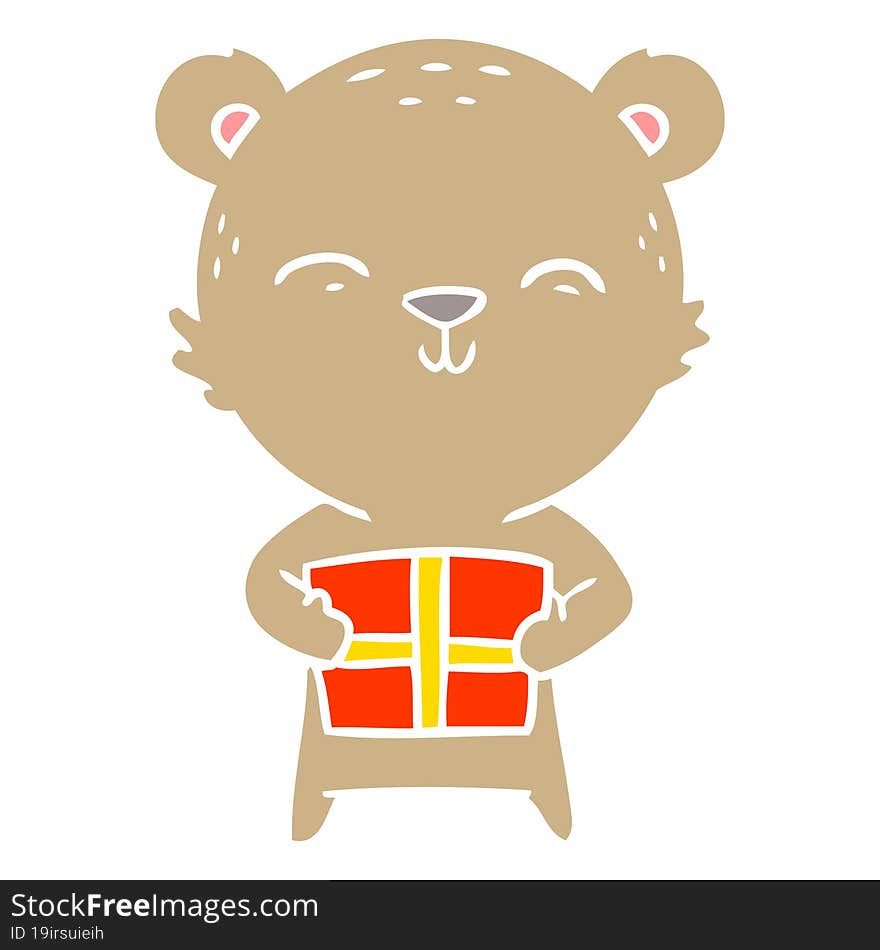 happy flat color style cartoon bear with gift