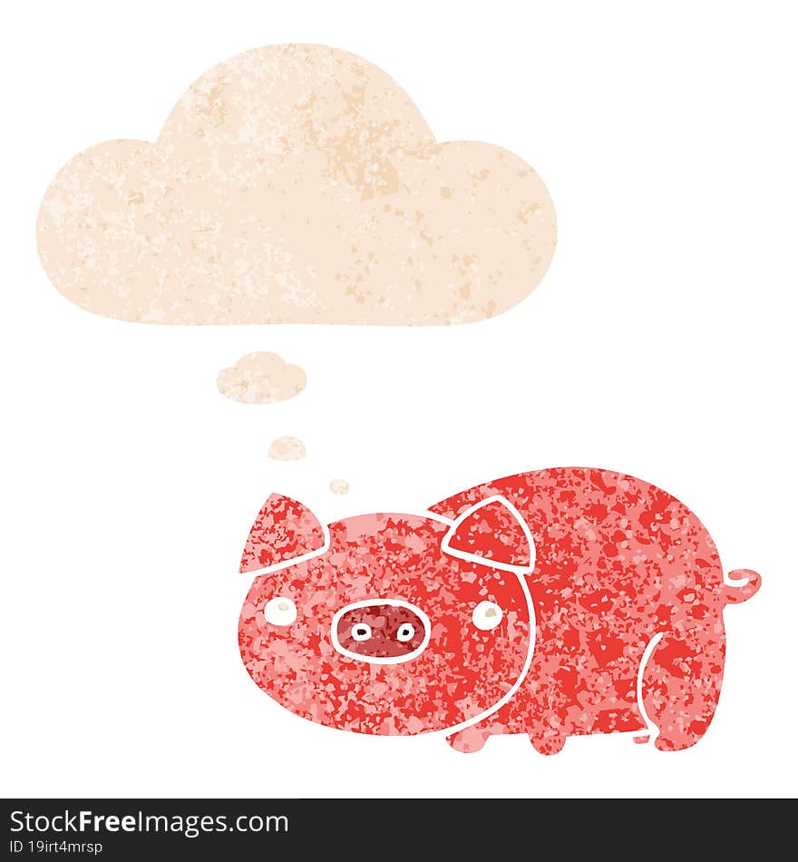 cartoon pig and thought bubble in retro textured style