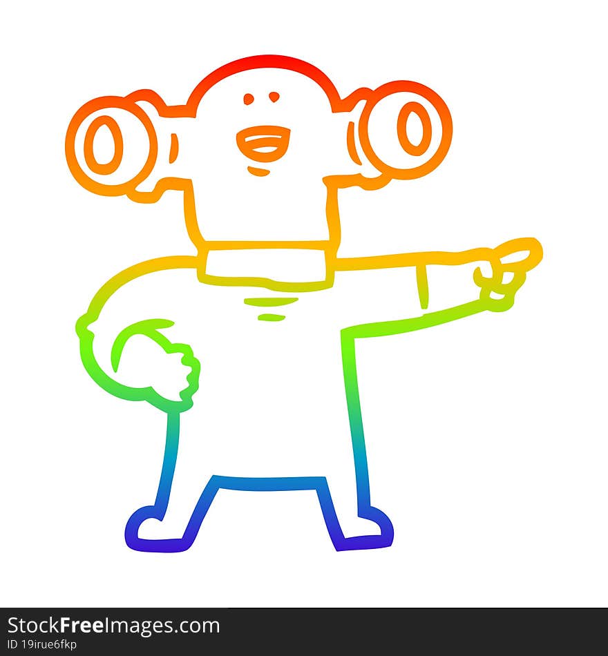 rainbow gradient line drawing of a friendly cartoon alien pointing