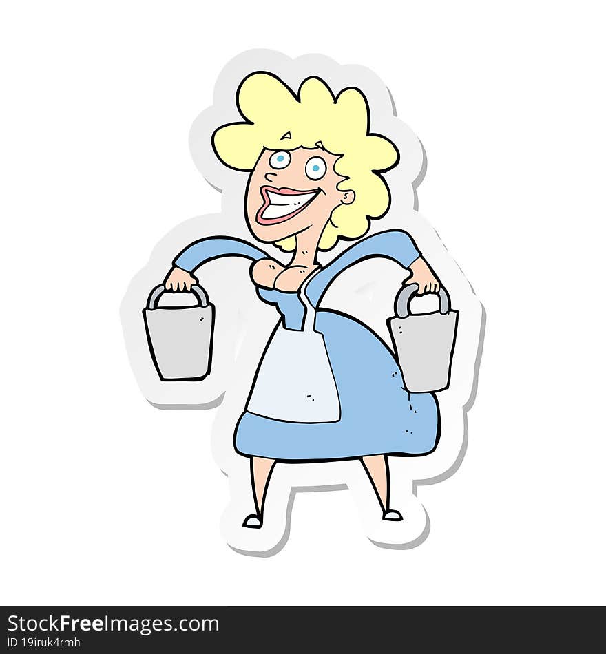 Sticker Of A Cartoon Milkmaid Carrying Buckets