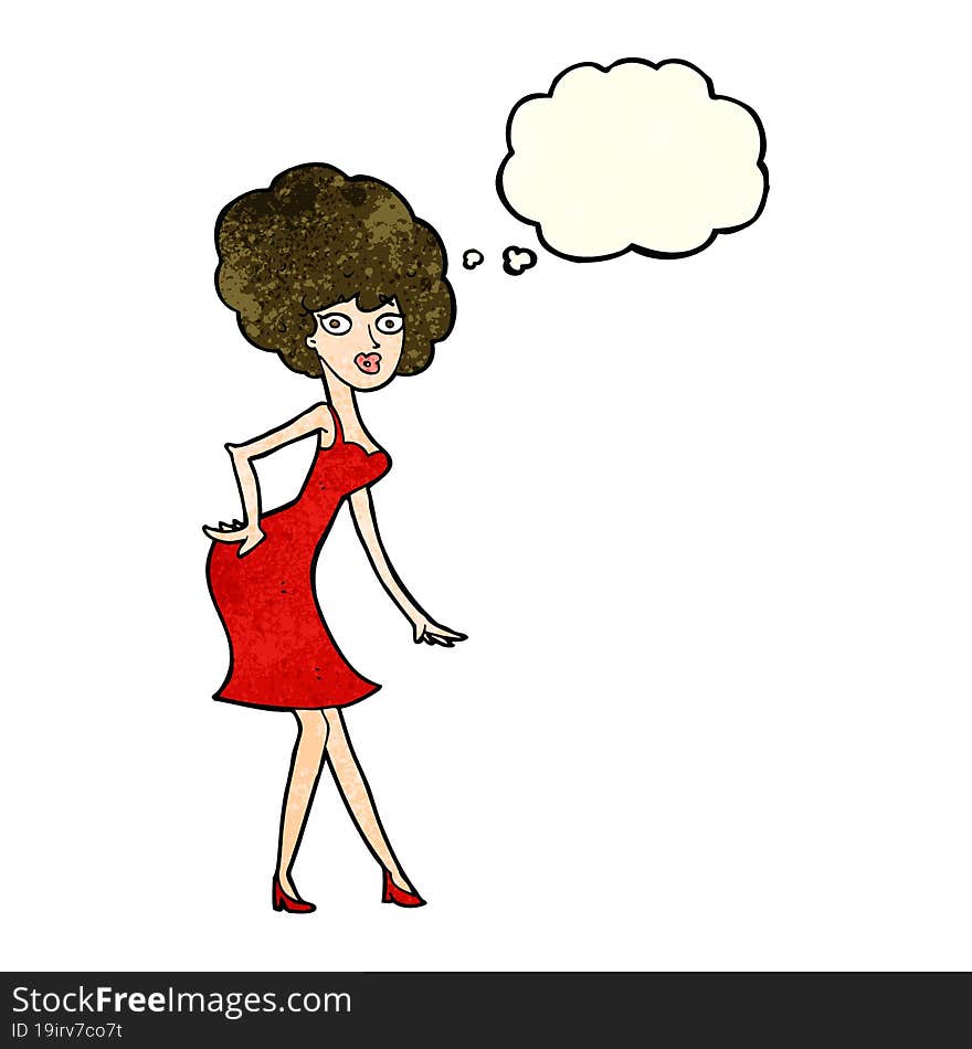 cartoon woman posing in dress with thought bubble