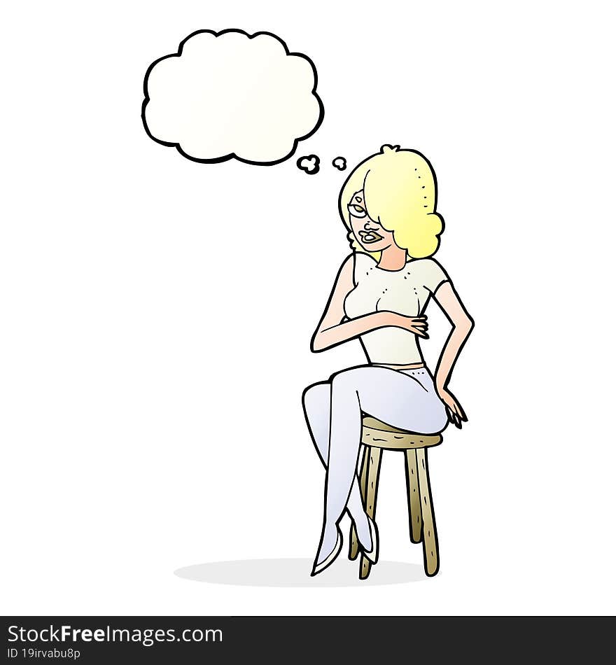 cartoon woman sitting on bar stool with thought bubble