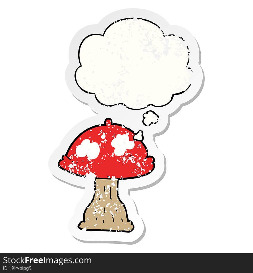 cartoon mushroom and thought bubble as a distressed worn sticker