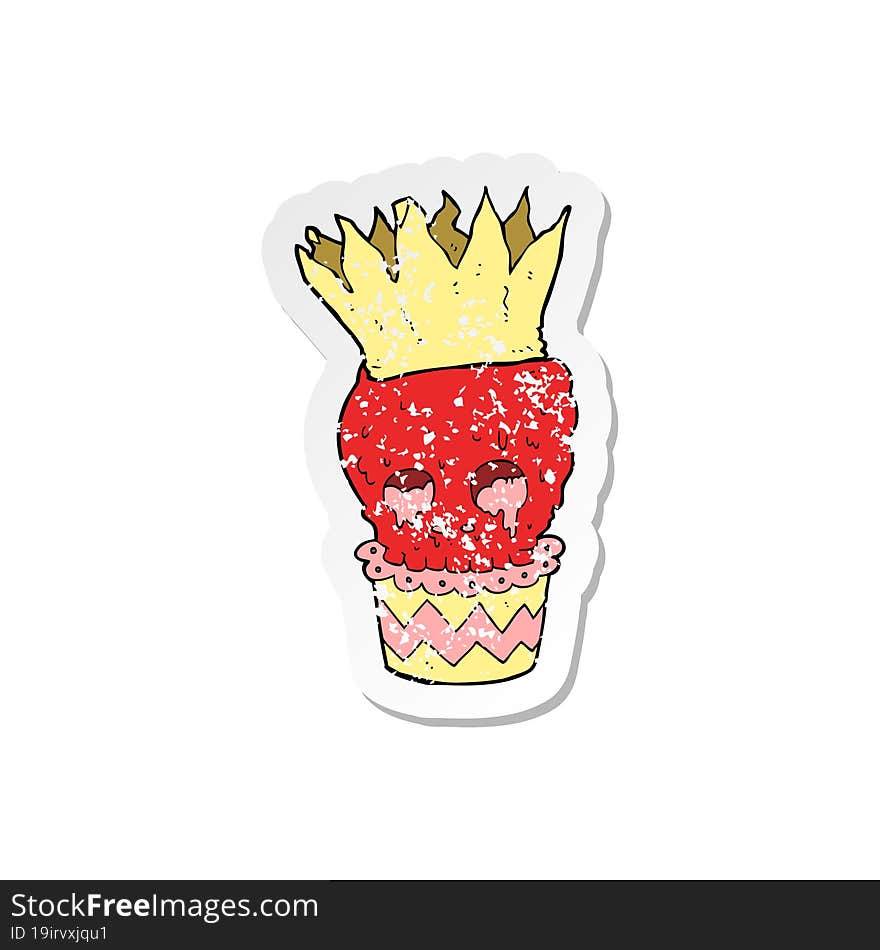 retro distressed sticker of a spooky skull cupcake cartoon