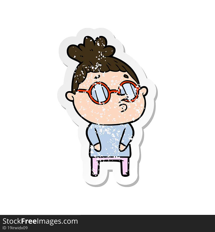 distressed sticker of a cartoon woman wearing glasses