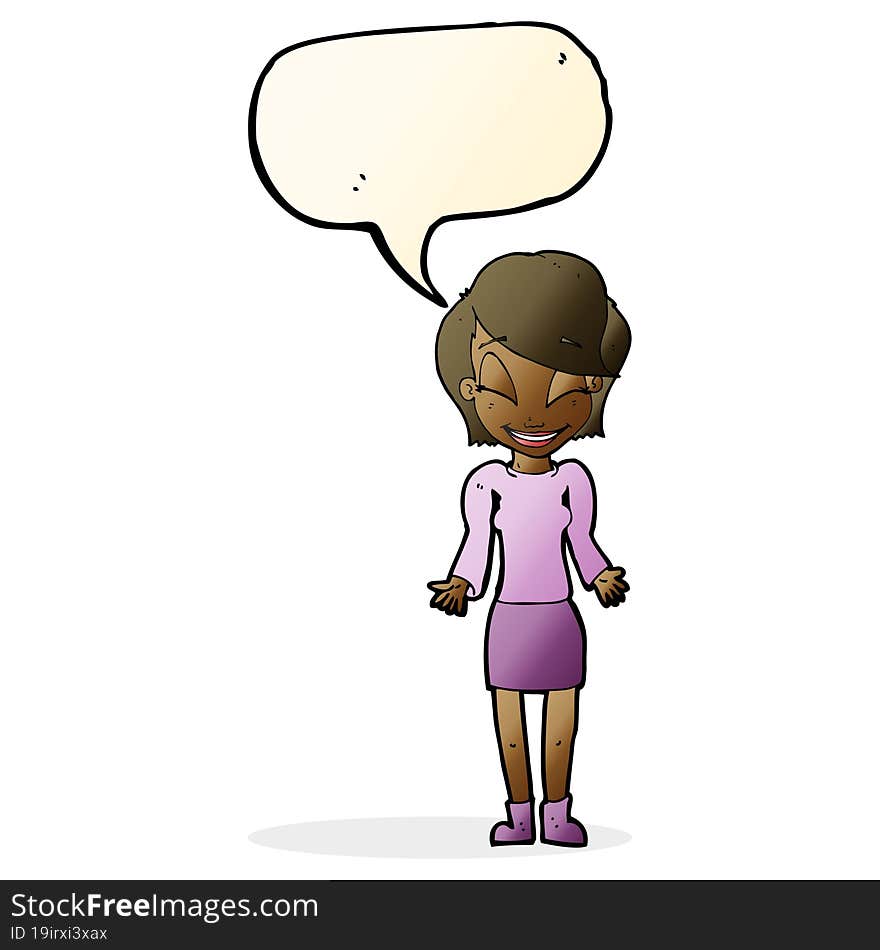 cartoon happy woman shrugging shoulders with speech bubble