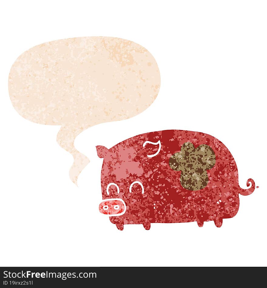 cute cartoon pig and speech bubble in retro textured style