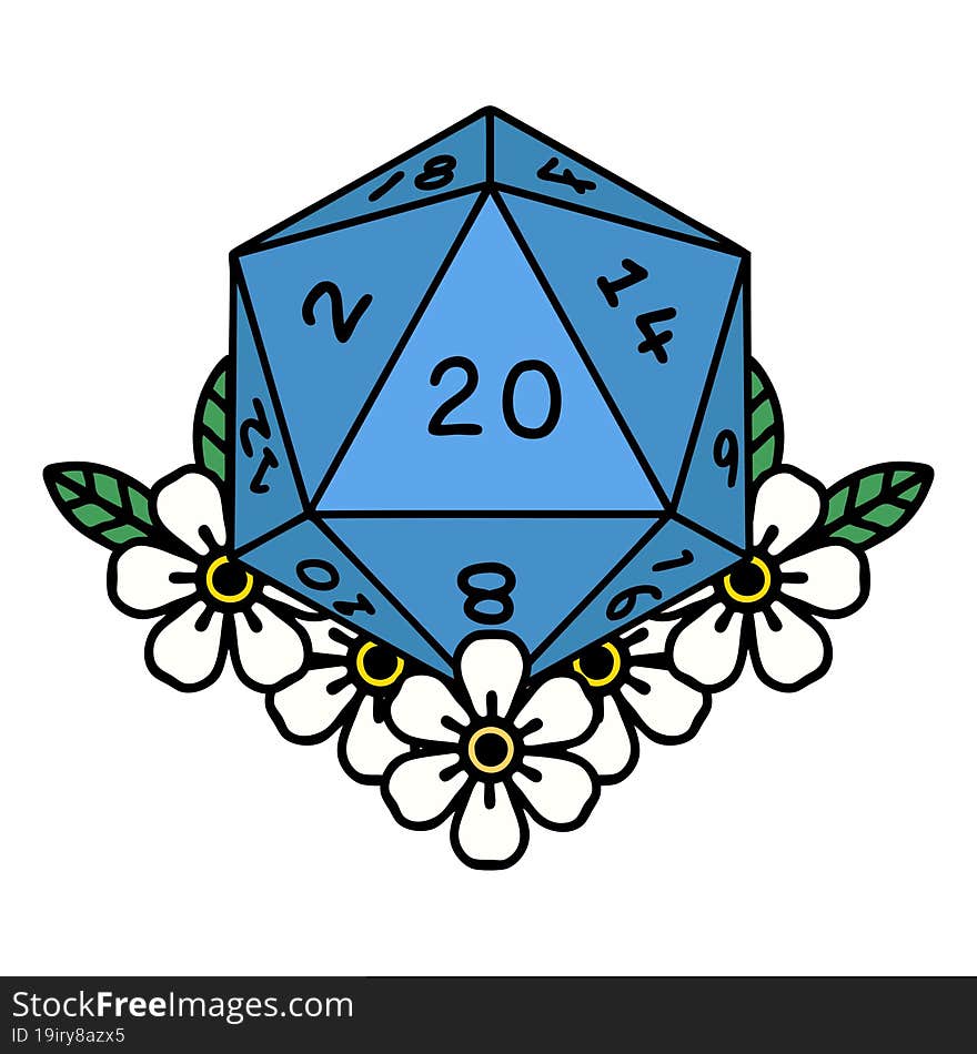 natural 20 D20 dice roll with floral elements illustration