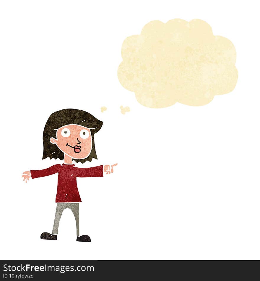 cartoon happy woman pointing with thought bubble