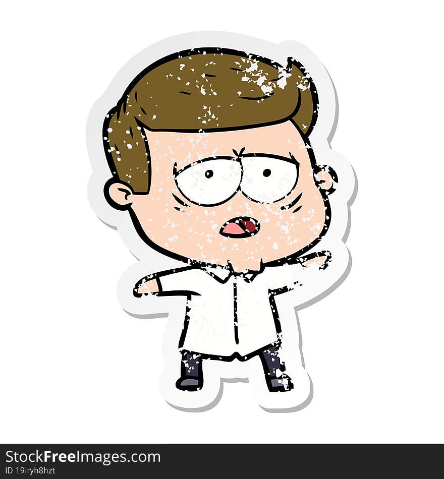 distressed sticker of a cartoon tired man