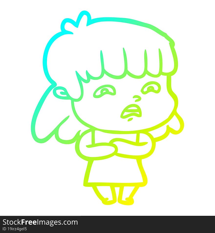 cold gradient line drawing cartoon worried woman