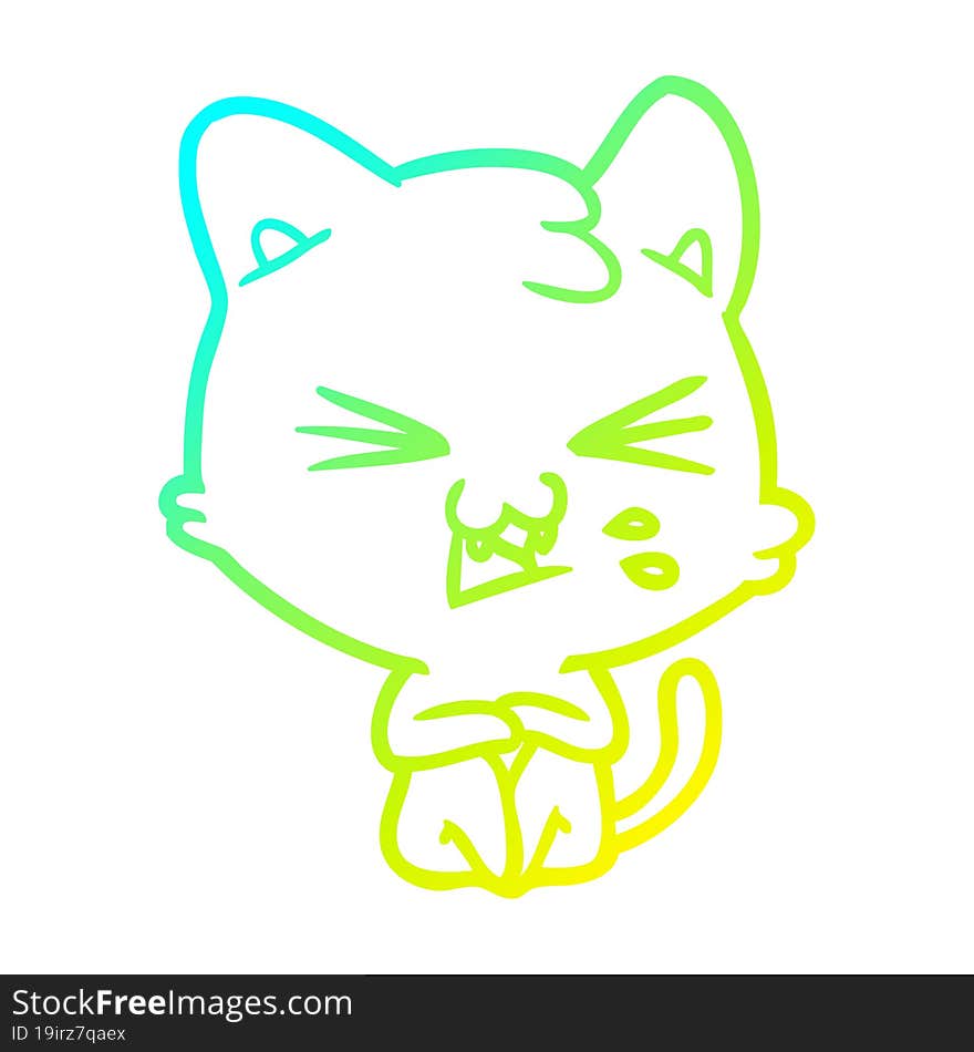 cold gradient line drawing of a cartoon cat hissing