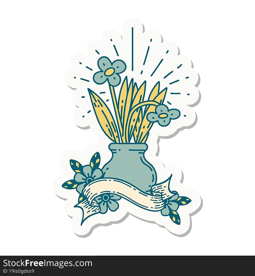 Sticker Of Tattoo Style Flowers In Vase