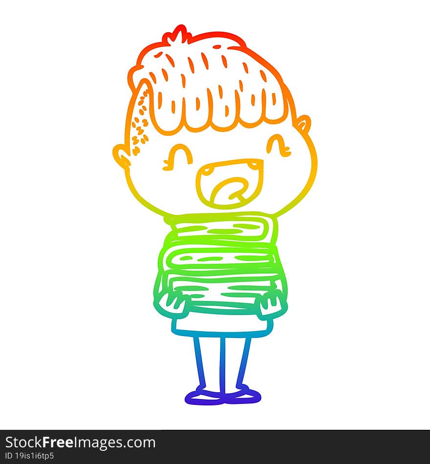 Rainbow Gradient Line Drawing Cartoon Happy Boy With New Books