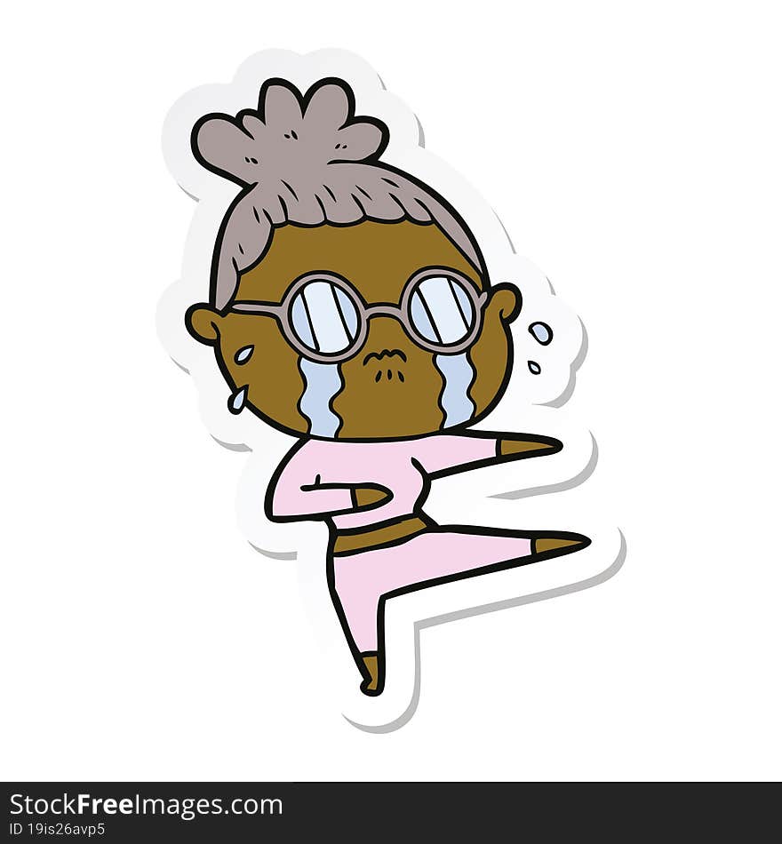 sticker of a cartoon crying woman wearing spectacles