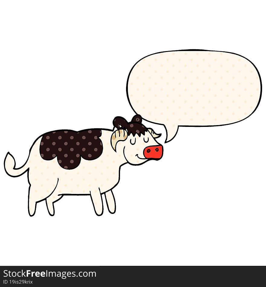 cartoon cow and speech bubble in comic book style