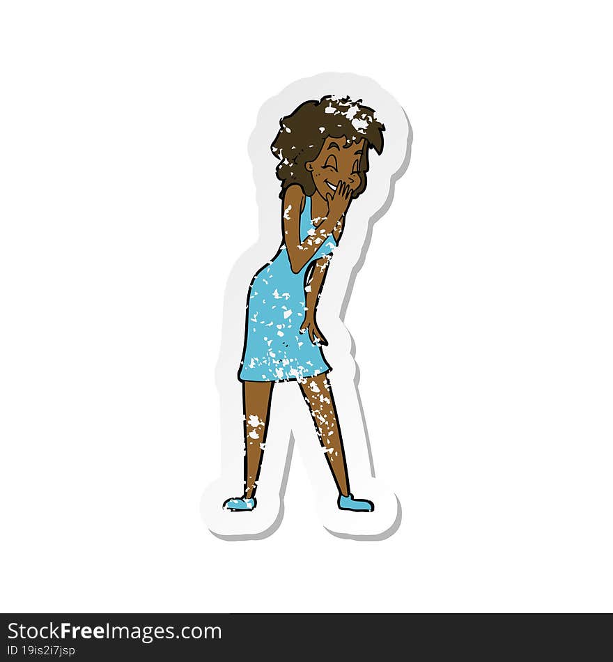 retro distressed sticker of a cartoon woman laughing