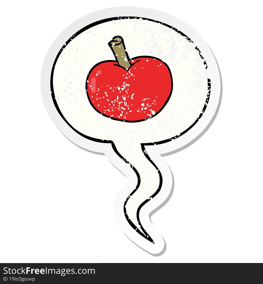 cartoon apple with speech bubble distressed distressed old sticker. cartoon apple with speech bubble distressed distressed old sticker