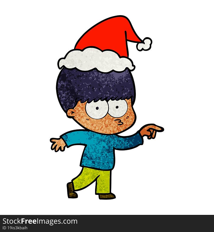 nervous textured cartoon of a boy wearing santa hat