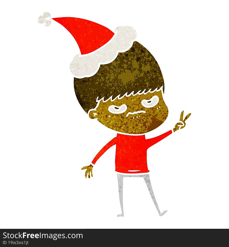 annoyed retro cartoon of a boy wearing santa hat