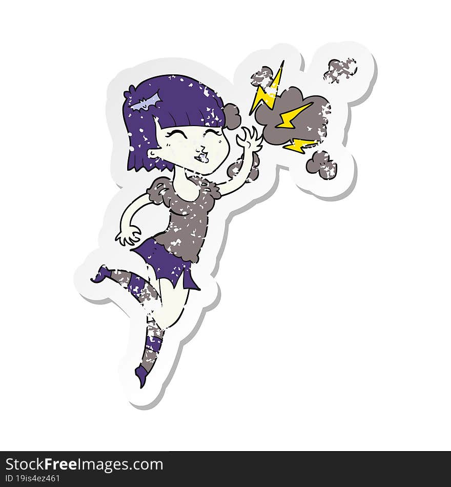 retro distressed sticker of a cartoon vampire girl flying