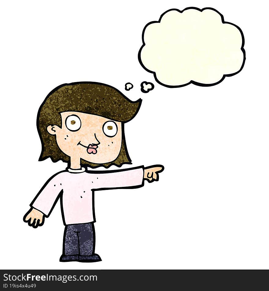 cartoon pointing person with thought bubble