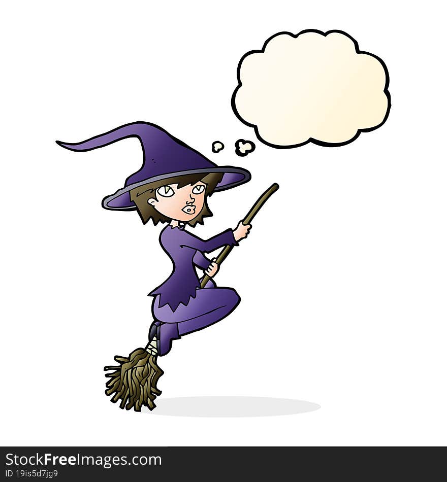 cartoon witch riding broomstick with thought bubble