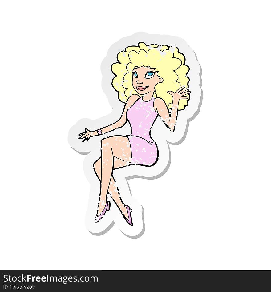 retro distressed sticker of a cartoon sitting woman waving