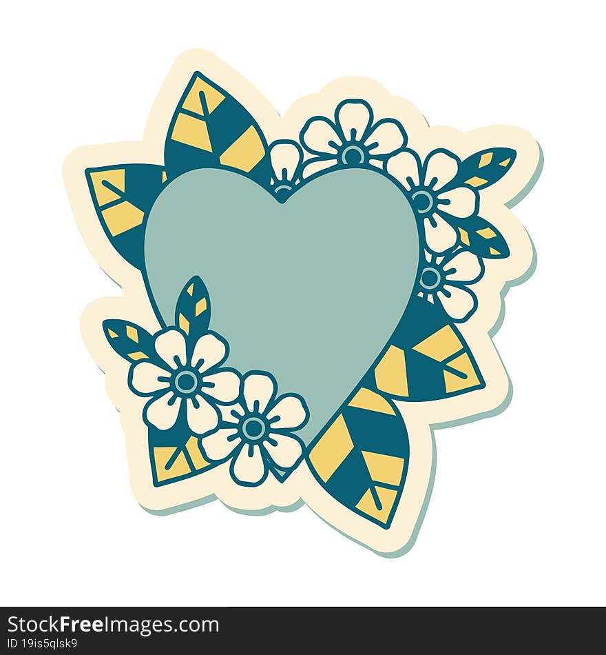 sticker of tattoo in traditional style of a botanical heart. sticker of tattoo in traditional style of a botanical heart