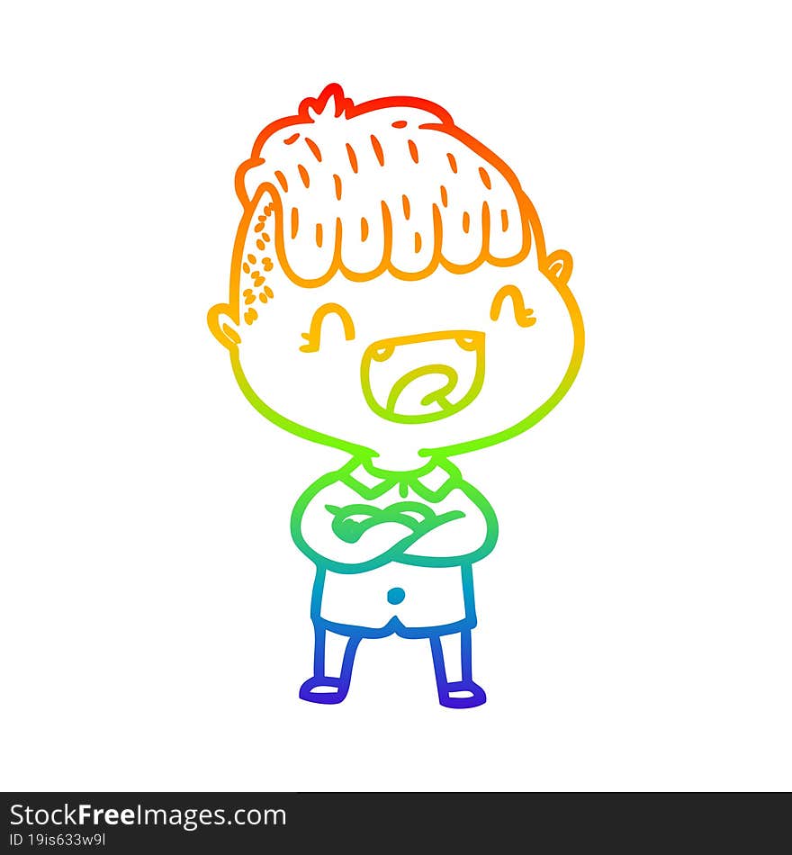 rainbow gradient line drawing of a cartoon happy boy laughing