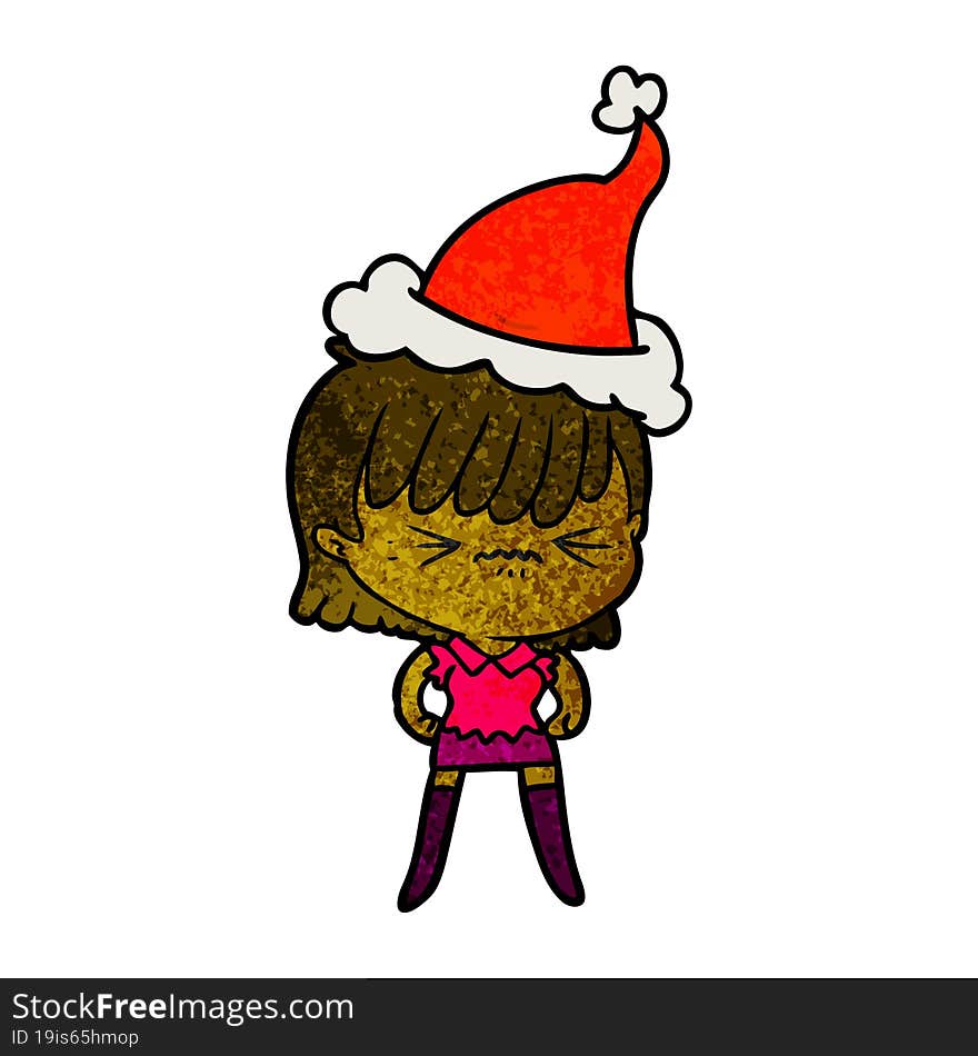 annoyed textured cartoon of a girl wearing santa hat