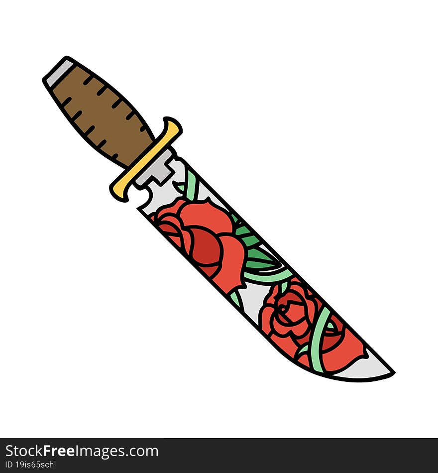 tattoo in traditional style of a dagger and flowers. tattoo in traditional style of a dagger and flowers