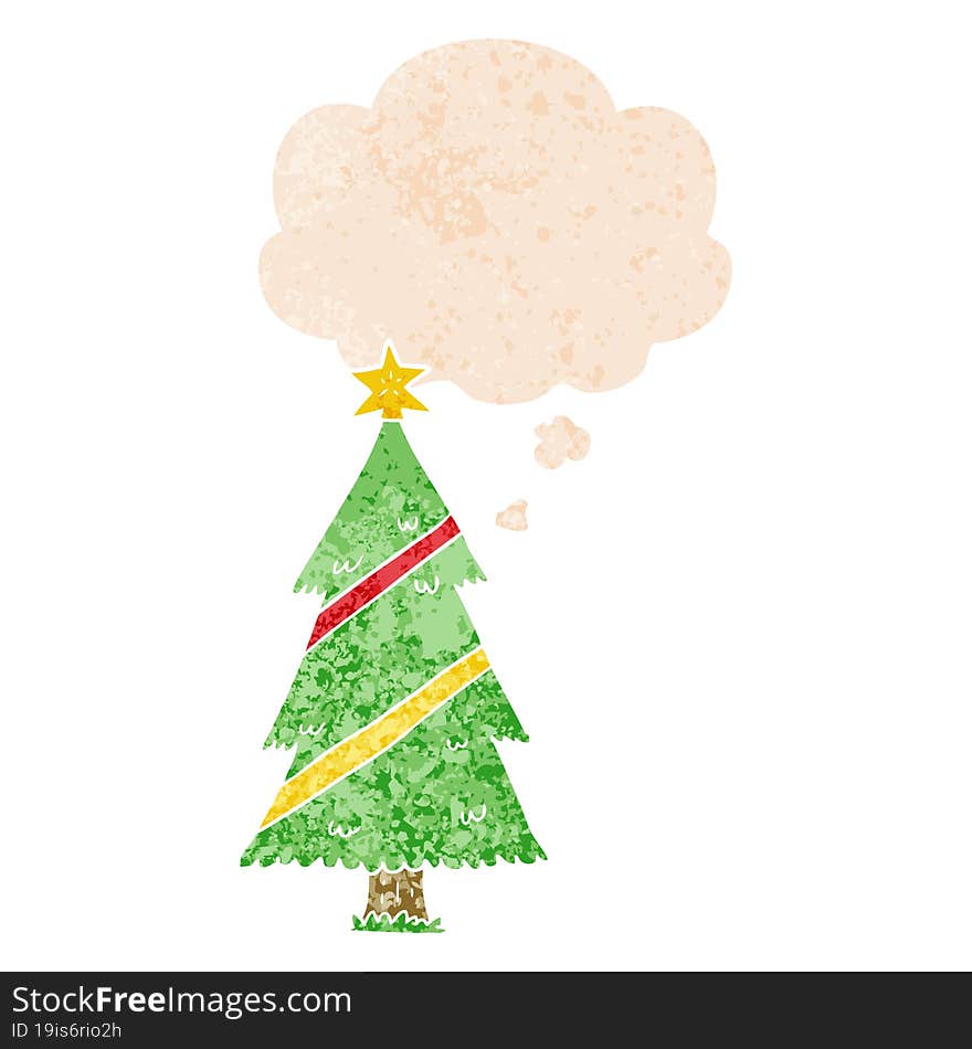 Cartoon Christmas Tree And Thought Bubble In Retro Textured Style