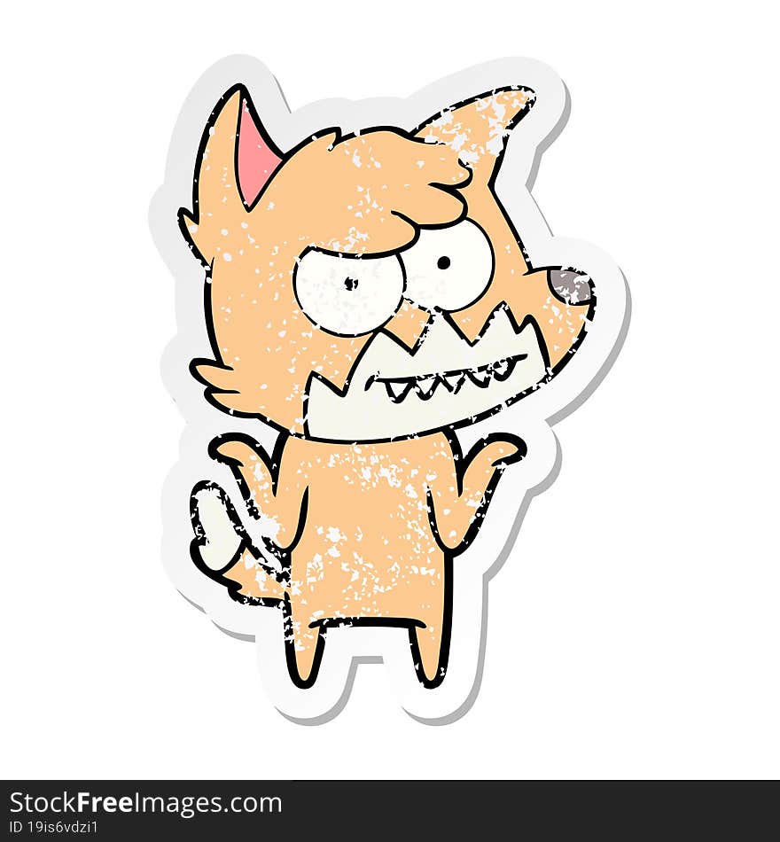 distressed sticker of a cartoon grinning fox