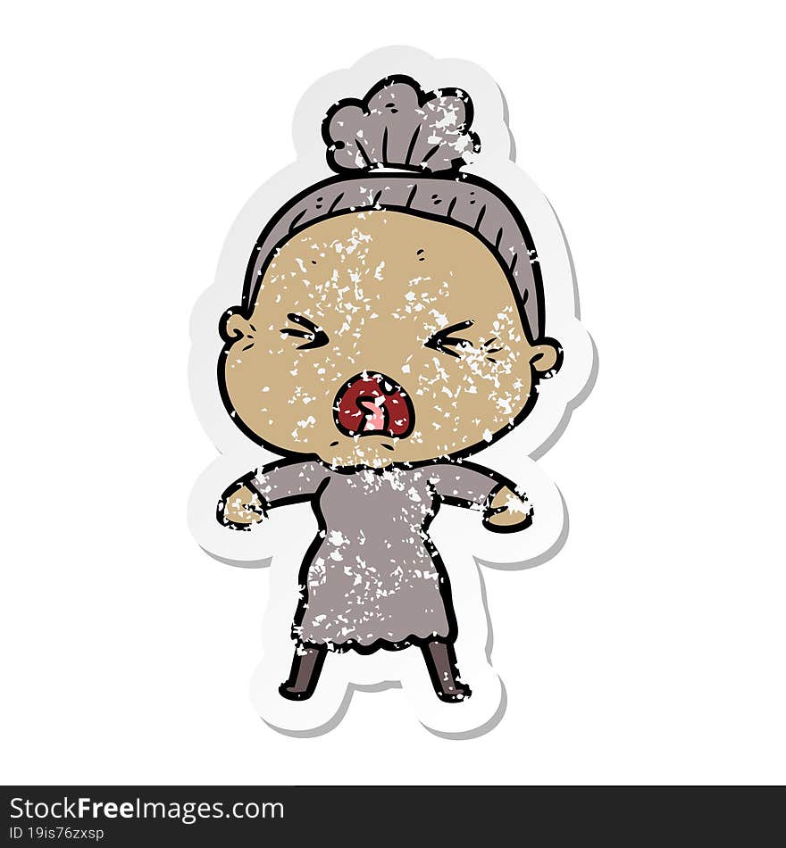 Distressed Sticker Of A Cartoon Angry Old Woman