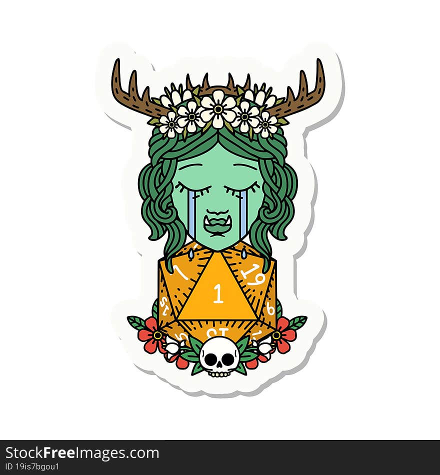 sticker of a sad half orc druid character with natural one dice roll. sticker of a sad half orc druid character with natural one dice roll