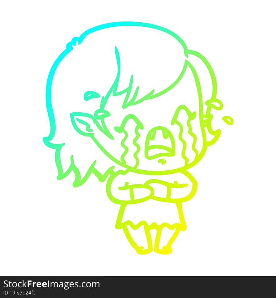 cold gradient line drawing cartoon crying vampire girl