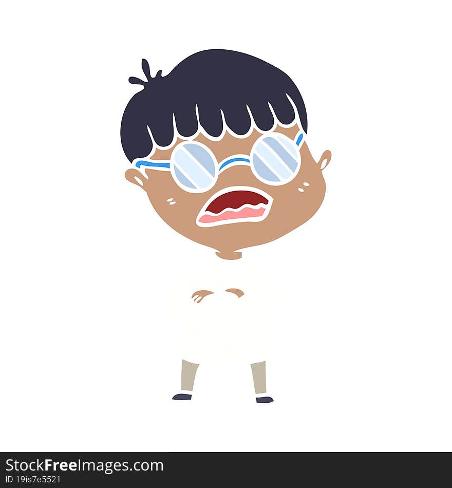 flat color style cartoon boy with crossed arms wearing spectacles