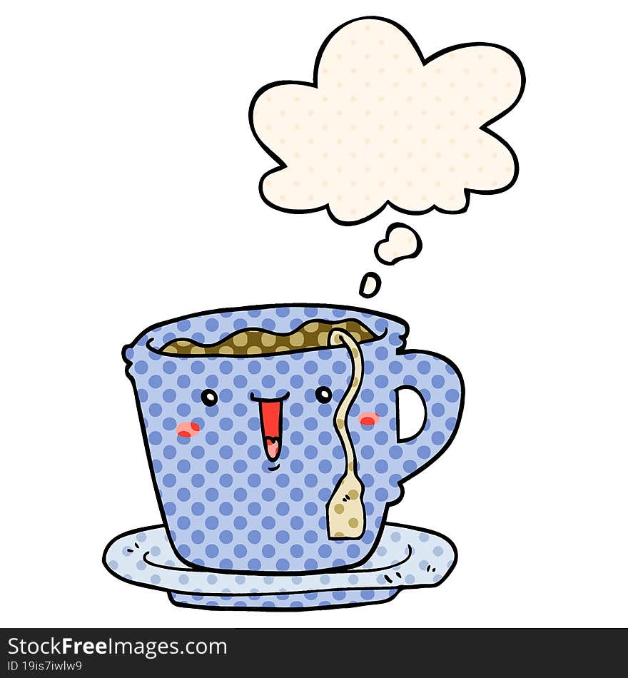 cute cartoon cup and saucer and thought bubble in comic book style