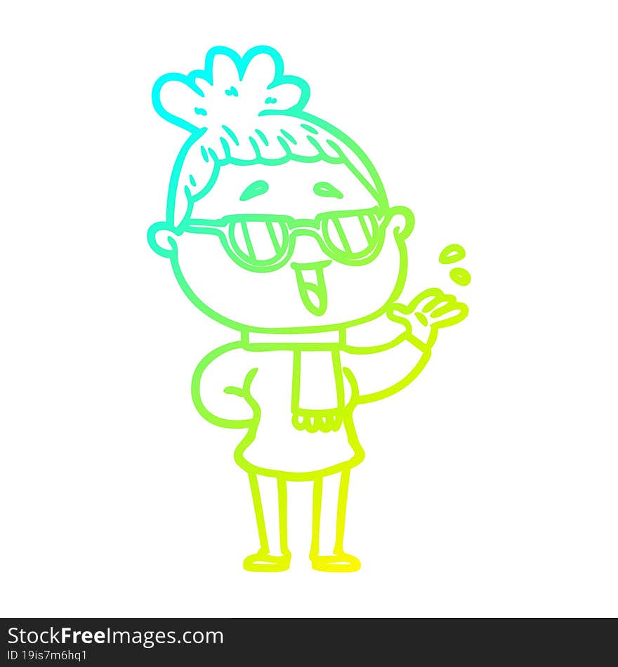 cold gradient line drawing cartoon happy woman wearing spectacles