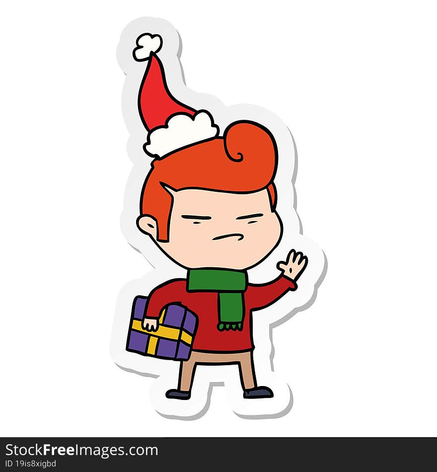 hand drawn sticker cartoon of a cool guy with fashion hair cut wearing santa hat