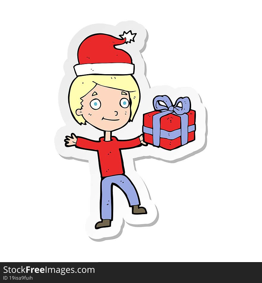 Sticker Of A Cartoon Boy With Present