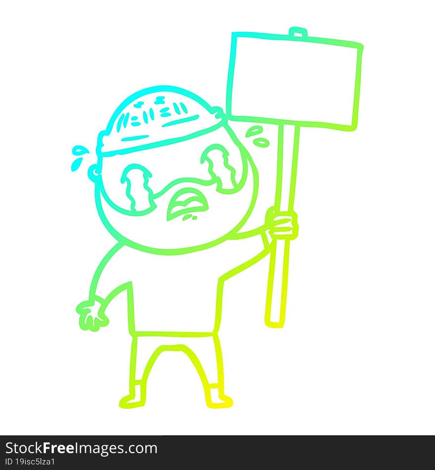 cold gradient line drawing cartoon bearded protester crying