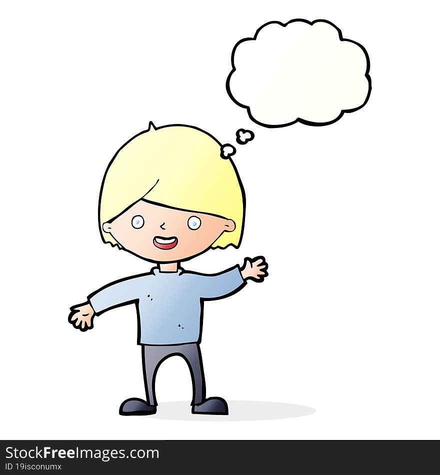 cartoon waving boy with thought bubble