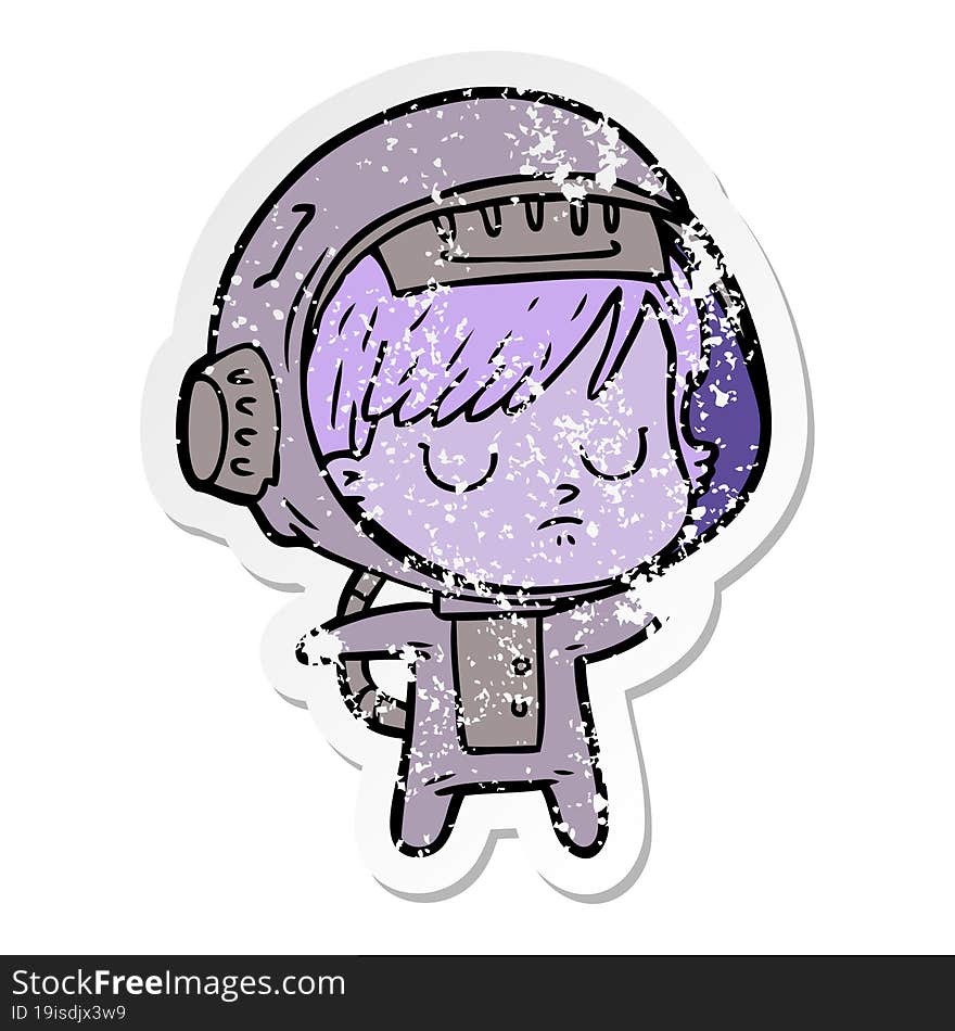 distressed sticker of a cartoon astronaut woman