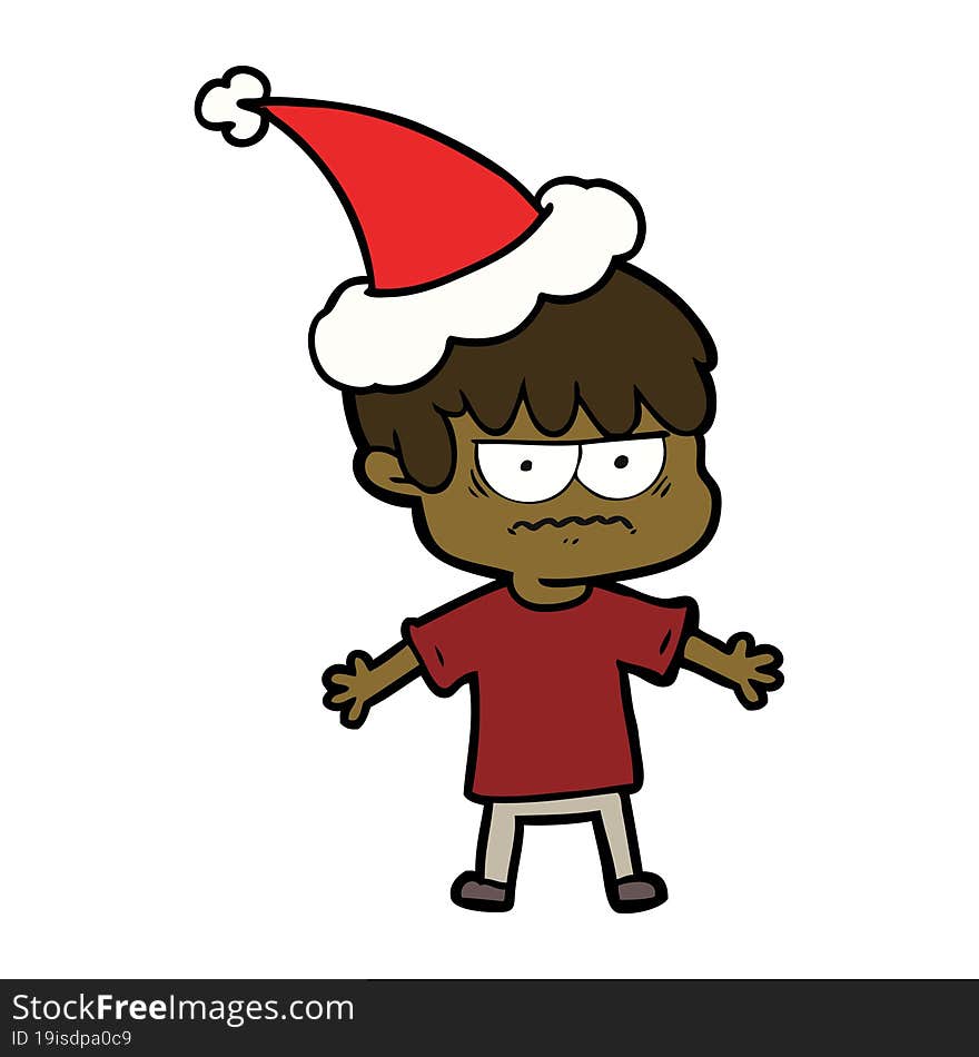 annoyed line drawing of a boy wearing santa hat