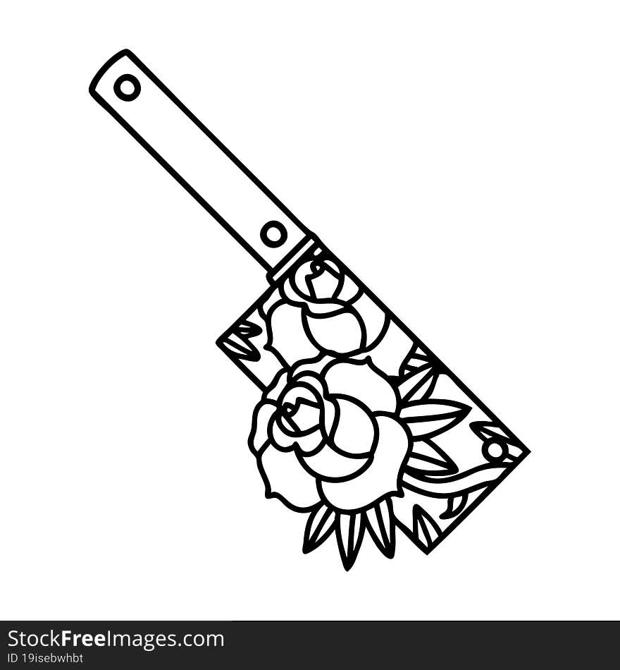 black line tattoo of a cleaver and flowers