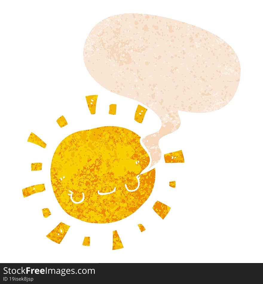 cartoon sun and speech bubble in retro textured style