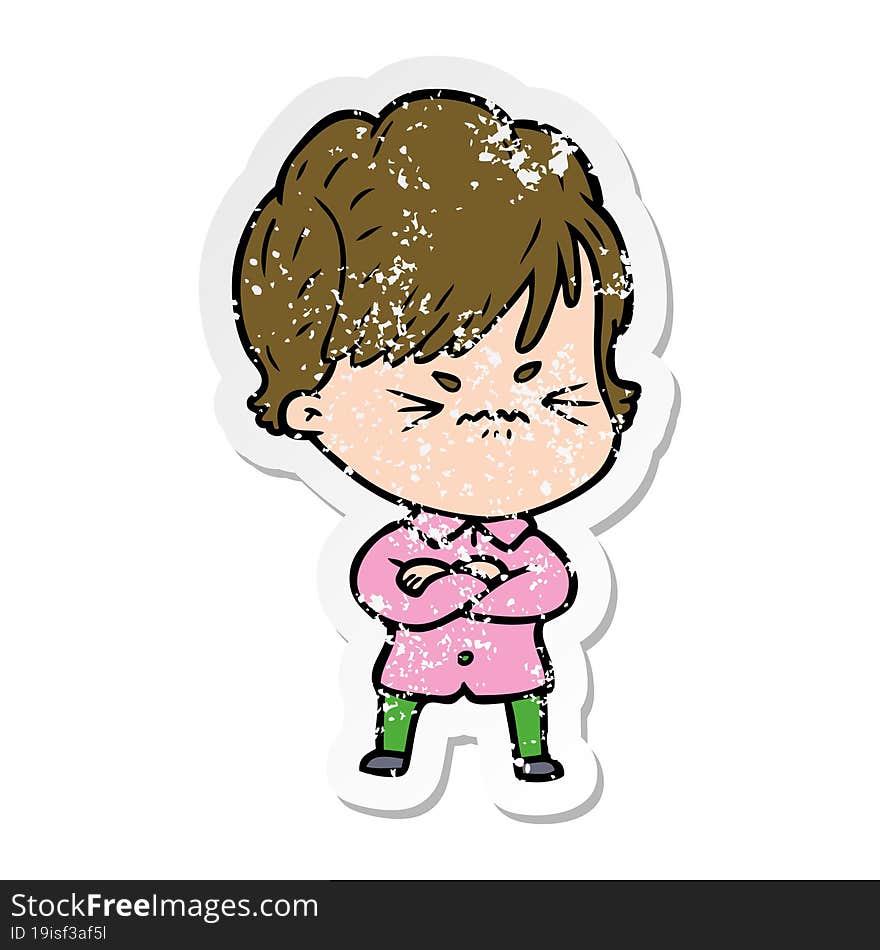 distressed sticker of a cartoon frustrated woman